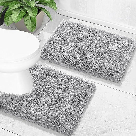 Yimobra Bathroom Rugs Sets 2 Piece, Soft Absorbent Bath Mat and U-Shaped Toilet Rug with Non Slip Backing, Luxury Shaggy Bath Mats for Bathroom, Machine Washable, 24"x17"+24"x20", Light Grey - ModernBath