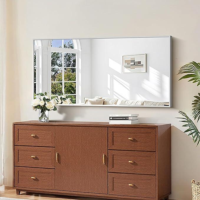 KOCUUY Silver Bathroom Mirror, 48"x24" Rectangle Bathroom Mirror for Wall, HD Tempered Glass, Anti-Rust Brushed Silver Frame, Modern Design for Bathroom, Bedroom, Living Room, Entryway. - ModernBath