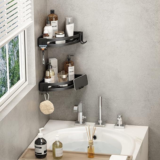 VOLPONE Corner Shower Caddy with Razor Holder Adhesive Shower Shelf Corner No Drilling (adhesive mounting, no suction cup) Bathroom Shower Organizer Storage Rack (2-Pack, Black) - ModernBath
