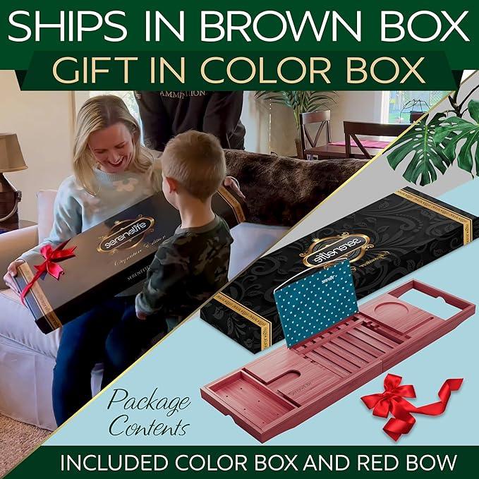 SereneLife Premium Bathtub Tray Caddy with Gift Box and Bow Set, Expandable Bath Tray, Unique House Warming Gifts for Mom, Women, Wedding, Anniversary, Bridal Shower, Fit for All Tub - Stain Brown - ModernBath