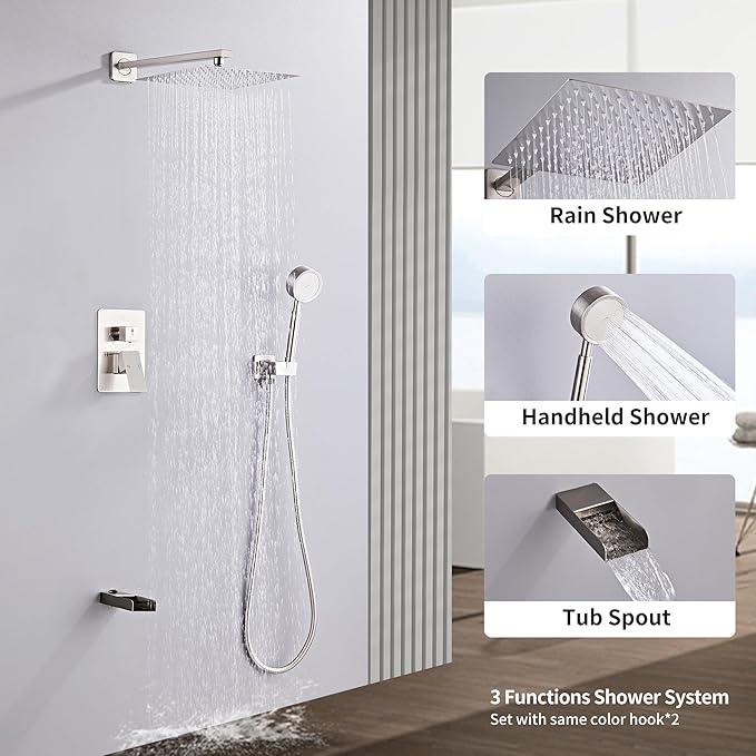 RTTWYYUU Brushed Nickel Shower Tub Faucet Set, Wall Mounted 10 Inch Shower Heads with Handheld Spray Combo and Tub Shower Faucet, Luxury Bathroom Square Rain Shower System - 4 Hooks - ModernBath