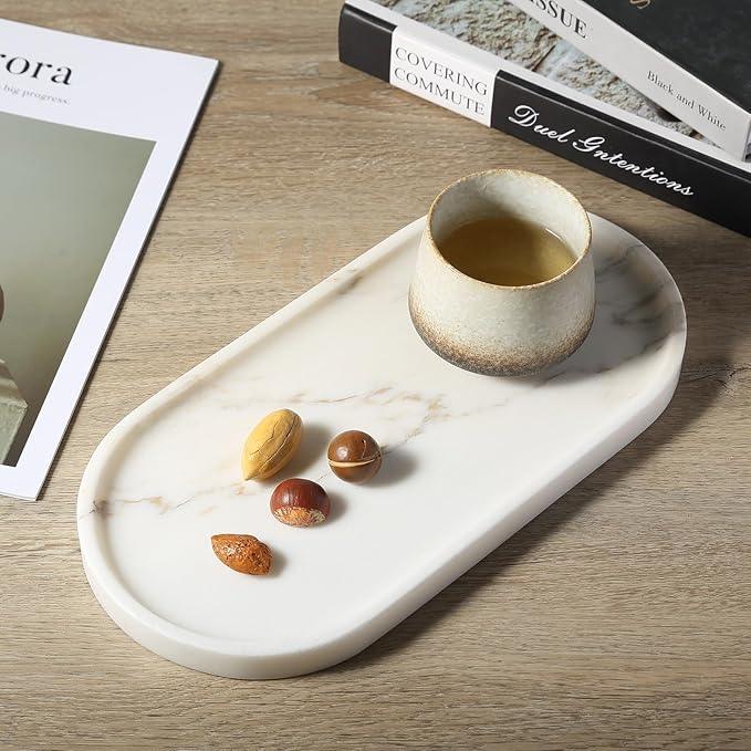 Koville White Marble Tray with Gold Pattern for Bathroom Counter, Stone Trays for Home Decor Marble Vanity Tray, Stone Storage Trays for Perfume, Jewelry, Decorative Tray for Dresser Organizer - ModernBath