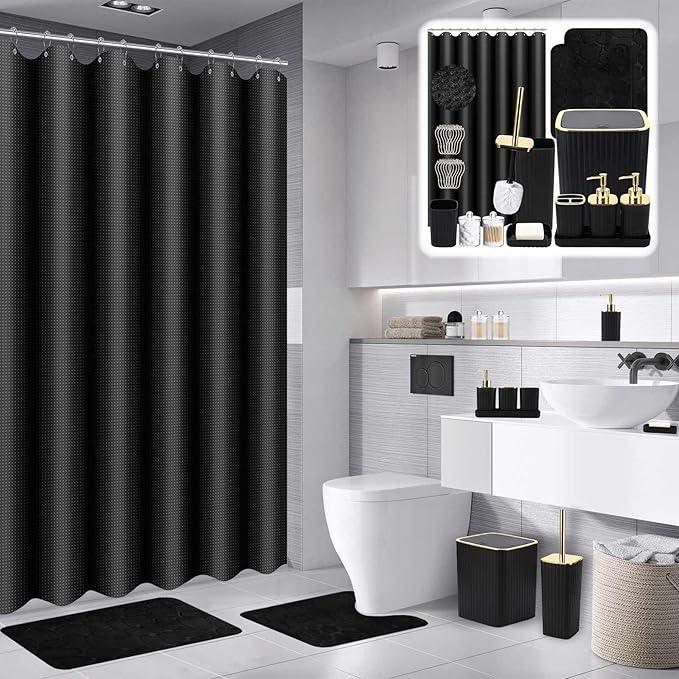 XLHOMO Bathroom Set with Shower Curtain and Rugs- 25PC Bathroom Accessory Set, Black Shower Curtain Set, Toilet Brush, Trash Can, Qtip Holder Dispenser & Soap Dispenser - ModernBath