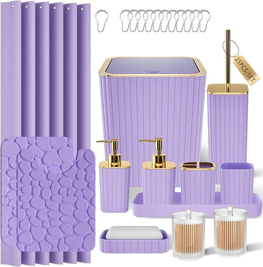 XLHOMO Bathroom Accessories Set - 25PC Bathroom Sets with Shower Curtain and Rugs, Purple Bathroom Set with Trash Can, Soap Dispenser, Soap Dish & Toilet Brush - ModernBath