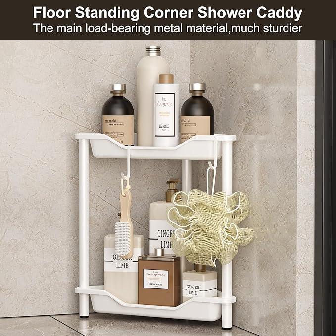Orimade Rustproof 2 Tier Floor Standing Corner Shower Caddy Organizer, Plastic Metal Splicing Floor Corner Shelf Rack Stands for Bathroom, White - ModernBath