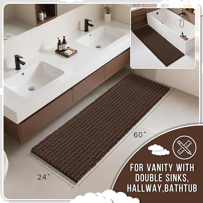 Yimobra Bathroom Runner Rug 60x24 Inch - Extra Long Non Slip Chenille Bath Mat, Soft & Absorbent, Machine Washable Shaggy Hallway Carpet for Vanity Tub Shower, Brown Home Decor Accessories - ModernBath