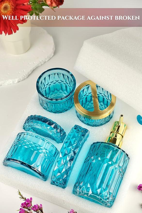 LaMarriti Teal Blue Bathroom Accessories Set, 5Pcs Clear Glass Bathroom Accessories, Hand Soap Dispenser Set, Soap Dish, Toothbrush Holder, Tumbler, Qtip Holder for Crystal Vantage Bathroom Decor - ModernBath
