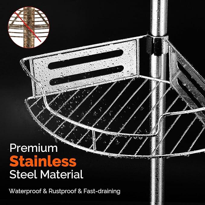HAMITOR Corner Shower Caddy Tension Pole: Quick Installation 4-Tier Rustproof Bathroom Organizer Shelves for Bathtub Shampoo Storage - 47-121 inch Adjustable Floor Standing Bath Rack Holder - Silver - ModernBath