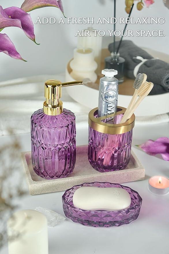 LaMarriti Purple Bathroom Accessories Set, 5Pcs Clear Glass Bathroom Set, Soap Dispenser, Toothbrush Holder Set, Soap Dish, Qtip Holder, Tumbler for Vintage Crystal Bathroom Decor, Gift Set (Violet) - ModernBath