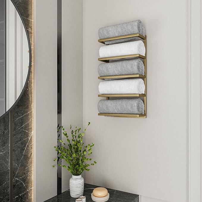 Modern Tiered Towel Rack - Wall-Mounted Metal Towel Shelf for Bathroom, Space-Saving Storage for Towels, Organizers, and Home Decor (Gold, 5-Tier) - ModernBath