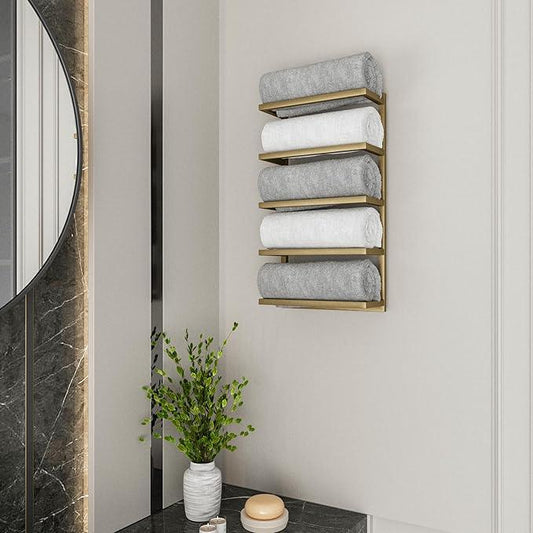 Modern Tiered Towel Rack - Wall-Mounted Metal Towel Shelf for Bathroom, Space-Saving Storage for Towels, Organizers, and Home Decor (Gold, 5-Tier) - ModernBath