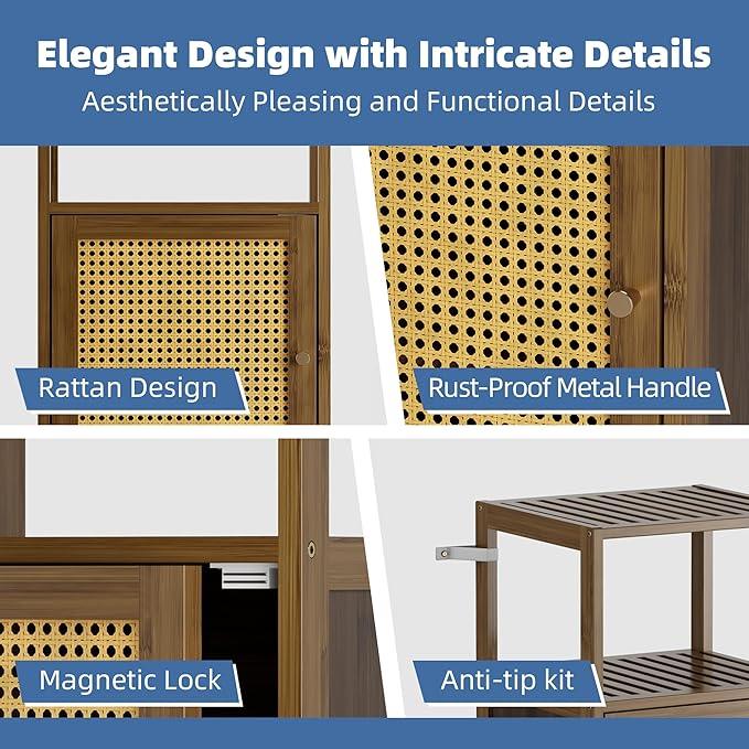 HITNET Rattan Bathroom Floor Cabinet, Bamboo Storage Cupboard with Single Door, Freestanding Small Living Room Sideboard, Space Saving Entryway Storage Unit, Walnut - ModernBath