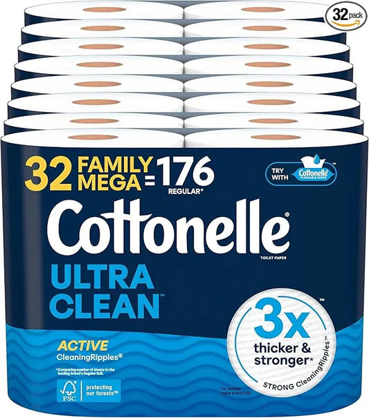 Cottonelle Ultra Clean Toilet Paper with Active CleaningRipples Texture, Strong Bath Tissue, 32 Family Mega Rolls = 176 Regular Rolls (8 Packs of 4) - ModernBath