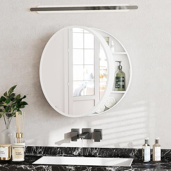 SUNWAVE 20 Inch Round Black Medicine Cabinet with Mirror, Modern Wall Mounted Vanity Cabinet for Bathroom, Circle Bathroom Mirror with Storage, Space-Saving Wood Cabinet (White, 20 Inch) - ModernBath