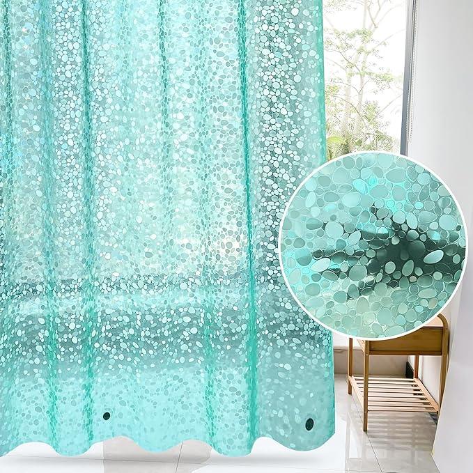 WELTRXE 8G EVA Clear Teal Shower Curtain with 3D Pebbles Design, 72x72 Inches Plastic Waterproof Shower Curtain Liner with Magnets/12 Hooks/Rustproof Grommets for Bathroom, Heavy Shower Liner - ModernBath