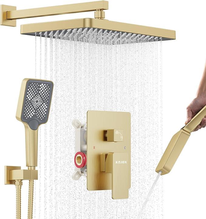 Shower System 13-Inch Rainfall Shower Head - 3 Setting Handheld Sprayer, Complete Bathroom Set with Faucet Mixer Trim Kit & Valve Brushed Gold - ModernBath
