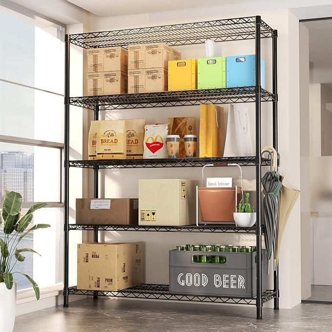SINGAYE 5 Adjustable Heavy Duty Garage Shelving Wire Shelves Metal Standing Units Bathroom Organizers and Storage Shelf Closet Metal Pantry Kitchen 18" DX46 WX77 H Black - ModernBath