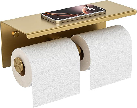FORIOUS Double Toilet Paper Holder with Shelf, Wall Mount Tissue Roll Holder for Bathroom, 304 Stainless Steel Commercial Toilet Tissue Dispensers with Phone Shelf (1, Brushed Gold)
