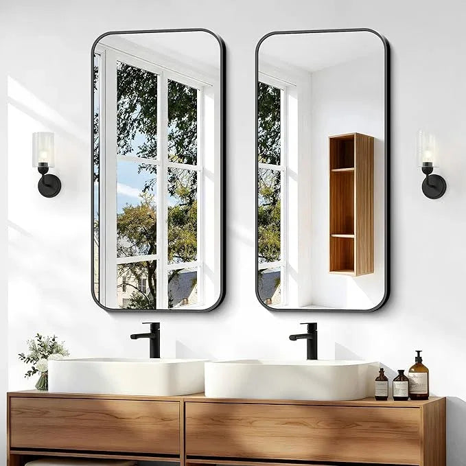 BONEWEI 20x40 inch Bathroom Mirror,Black Rectangle Mirror,Wall Mounted Bathroom Frame Vanity Mirror with Round Corner for Bedroom Living Room,Entryway Hangs Horizontal or Vertical - ModernBath