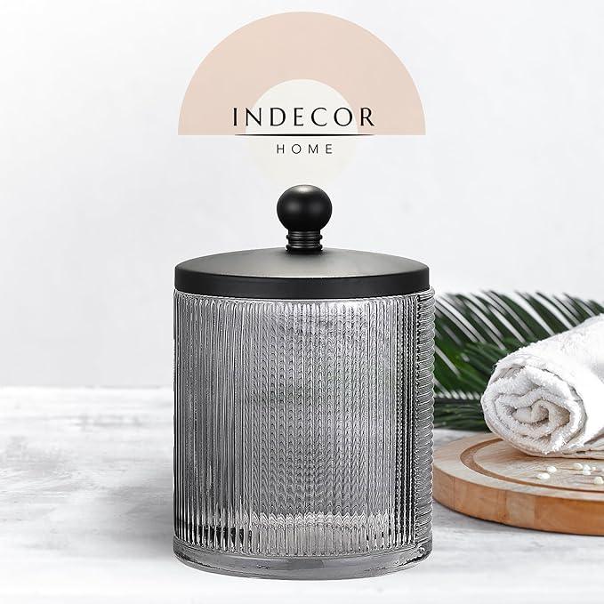 Indecor Home Gray Colored Tranlucent Apothecary Ribbed Geo Etched Glass Jar W/Matte Black Metal Lid Cover for Bathroom Organization, Cotton Balls, Q Tips, and Small Accessories, Bathroom Storage - ModernBath