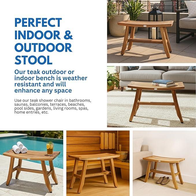 EcoDecors Satori Teak Wood Shower Bench, 28 Inch, EarthyTeak Finish - ModernBath