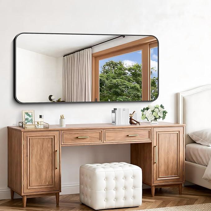 CIVENO Black Bathroom Mirror, 66x30 inch Aluminum Metal Frame Rectangular Vanity Mirror, Large Wall Mounted Rectangle Mirrors with Rounded Corner for Over Sink Bedroom Living Room Horizontal/Vertical - ModernBath