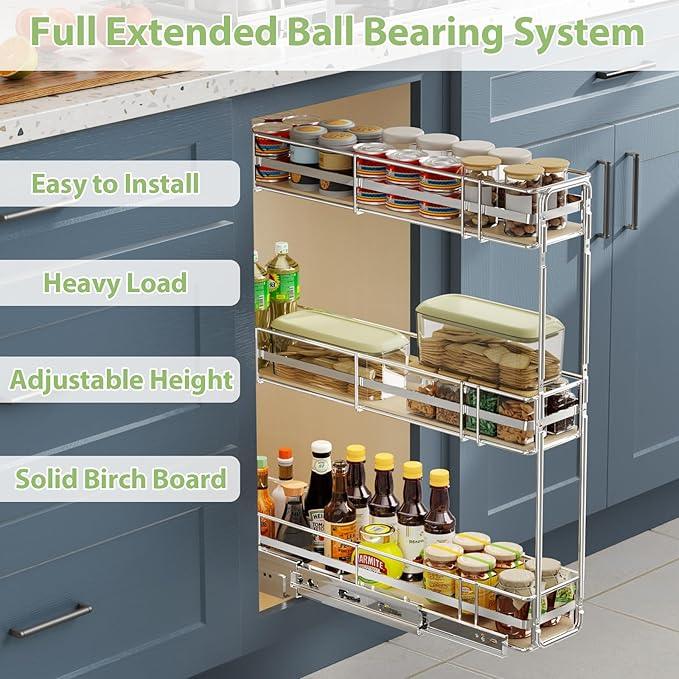 ROOMTEC 3-Tier Pull Out Cabinet Organizer Spice Rack for Narrow Cabinet 6" W x 20½" D, Slide Out Wood Shelves Storage for Kitchen - ModernBath