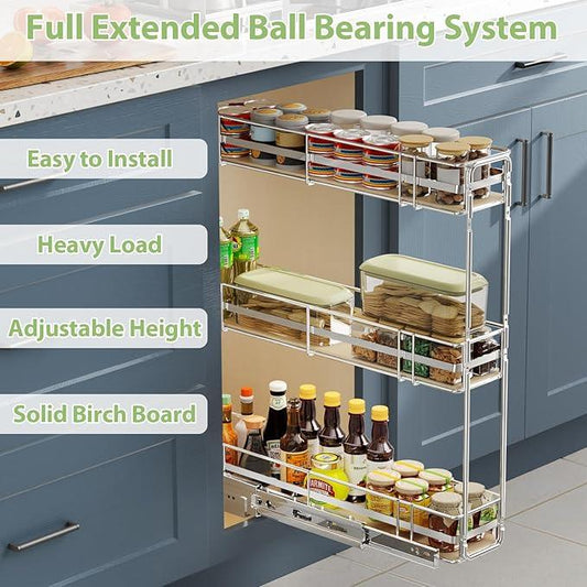 ROOMTEC 3-Tier Pull Out Cabinet Organizer Spice Rack for Narrow Cabinet 6" W x 20½" D, Slide Out Wood Shelves Storage for Kitchen - ModernBath