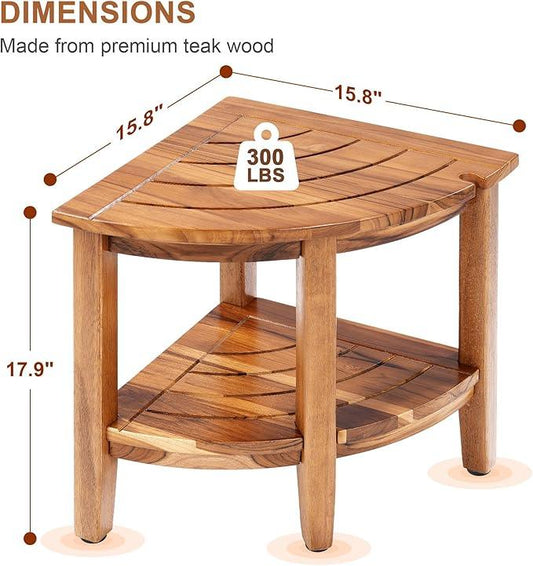 Jekruiet 18" Teak Corner Shower Stool, 2-Tier Teak Shower Bench with Storage Shelf, Adjustable Non-Slip Feet - ModernBath