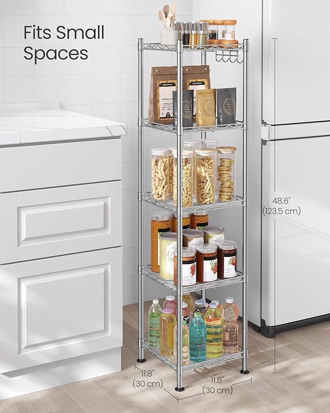 SONGMICS 5-Tier Bathroom Shelf, Storage Rack for Small Space, with 5 PP Shelf Liners, Removable Hook, Extendable Design, Silver and Translucent ULGR023S01 - ModernBath