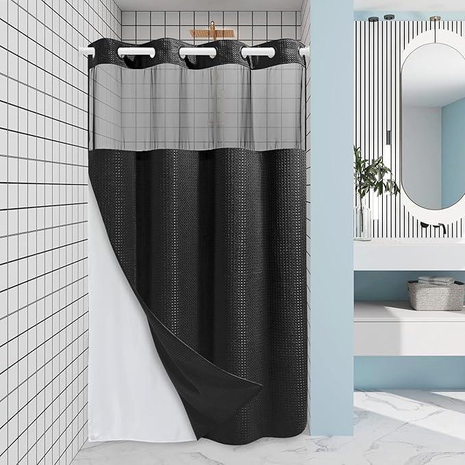 EUTXL Stall No Hook Shower Curtain with Snap in Liner,230GSM Waffle Weave Shower Curtains for Bathroom,60W x 74H,Black - ModernBath