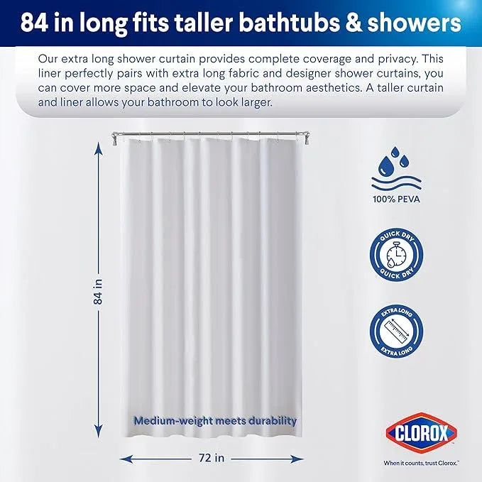 CLOROX Shower Curtain Liner, Premium Medium-Weight Durable Waterproof 6g PEVA for Bathroom with Weighted Magnets, Extra Long 72" x 84", Frosty 1 Pack - ModernBath