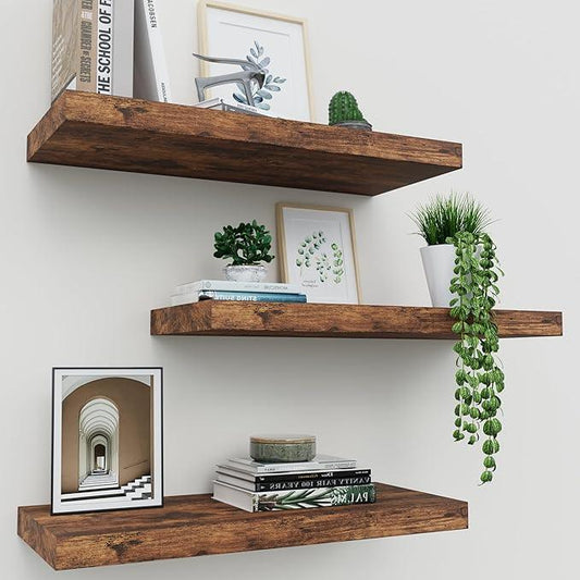 Floating Shelves for Wall Set of 3, 16" Rustic Brown Floating Shelves, Home Decor, Frame Display Wall Shelf for Bedroom, Kitchen, Bathroom, Living Room - ModernBath