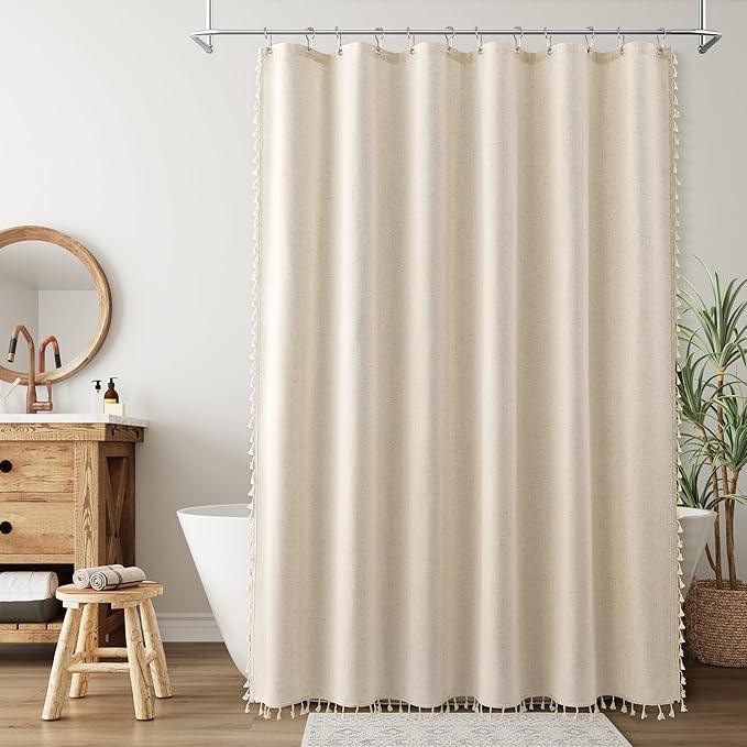 Nanspring Beige Boho Linen Shower Curtain 78 Inches Long Textured Bohemian Tassel Farmhouse Fabric Bath Curtain Set with Hooks Modern Vintage Aesthetic Shower Curtains for Bathroom Linen Color 72x78 - ModernBath