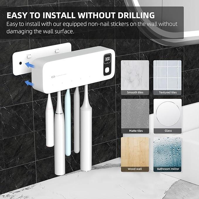 UV Toothbrush sanitiizer and Holder, Strong Saniti zer Air Drying, 200s and 400s Timed Toothbrush Case, 2200mAh Rechargeable Cordless Wall Mounted Home Toothbrush steril izer - ModernBath