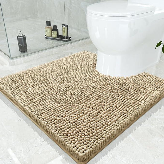 Smiry Luxury Chenille Toilet Rugs U-Shaped 24x24, Soft Absorbent Non-Slip Contour Bathroom Rugs for Toilet, Machine Washable Contoured Bath Mats, Beige - ModernBath
