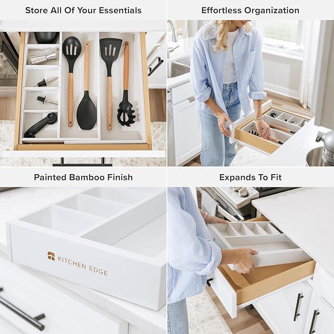 KitchenEdge Adjustable Kitchen Drawer Organizer for Utensils and Junk, Food-Safe Contract Grade with 100% Sustainable Wood, Expandable from 10.5 to 19 Inches Wide - White Bamboo - ModernBath