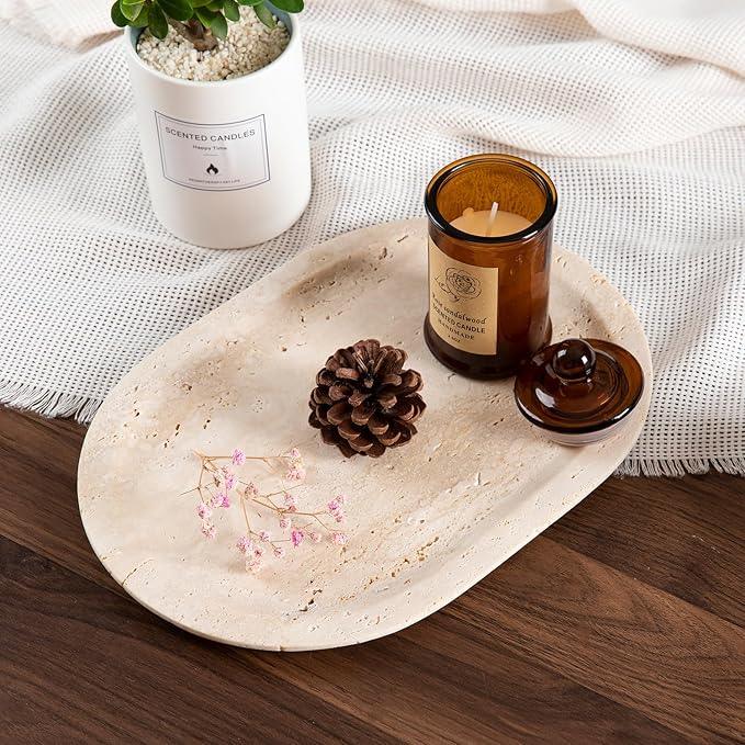 WANJINGYULE Natural Marble Decorative Tray Bathroom Counter Perfume Organizer Vanity Tray for Home Decor, Jewelry Candle, Coffee Table, Soap Holder Dresser Countertop Accessories 8"x11" Travertine - ModernBath