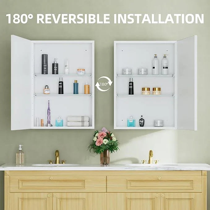 Buruis 20" x 28" Framed Medicine Cabinet with Mirror, Recessed or Wall Mounted Bathroom Cabinet, Adjustable Tempered Glass Shelves, Left/Right Open Reversible, No Assembly Required, White - ModernBath