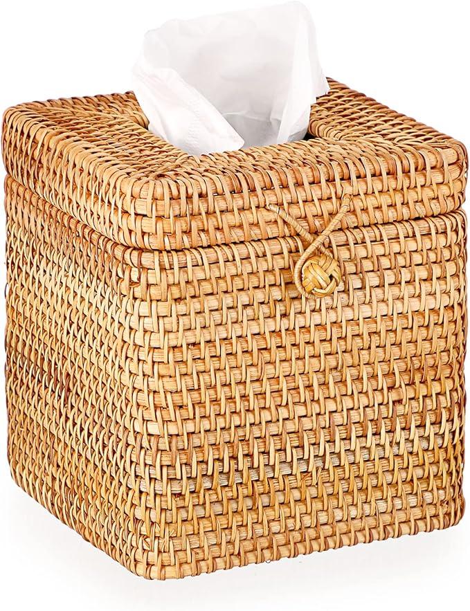 Sumnacon Tissue Box Cover Square Tissue Box Rattan Tissue Box Holder with Hinged Top Lid, Wicker Tissue Holder for Bathroom Toilet Living Room Kitchen Office Table Desk, Yellow - ModernBath