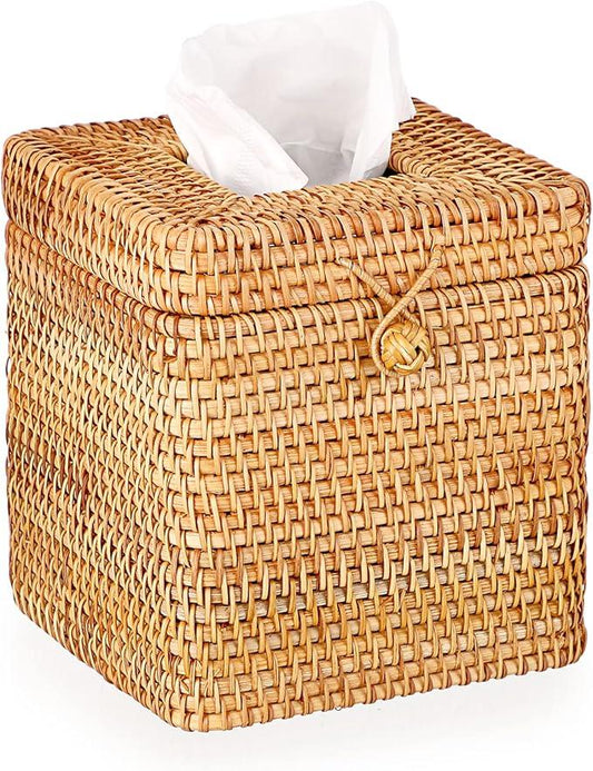 Sumnacon Tissue Box Cover Square Tissue Box Rattan Tissue Box Holder with Hinged Top Lid, Wicker Tissue Holder for Bathroom Toilet Living Room Kitchen Office Table Desk, Yellow - ModernBath