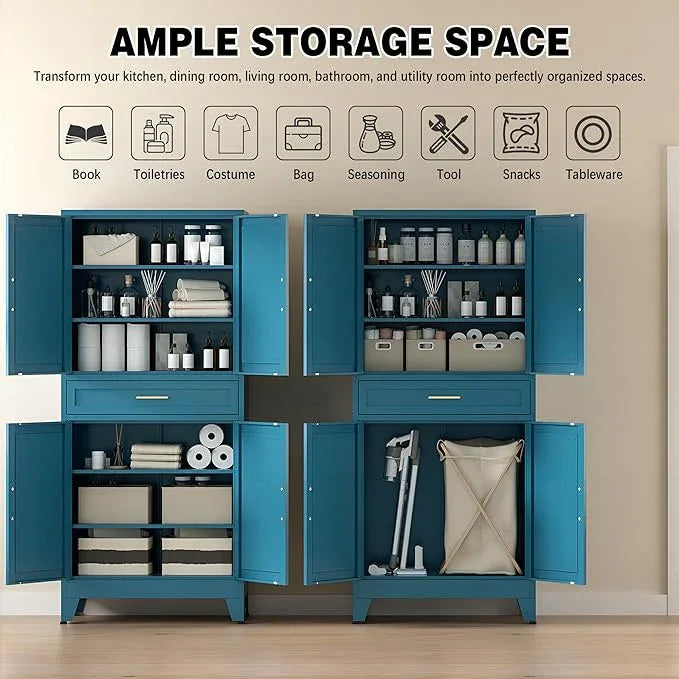 COFaR Farmhouse Storage Kitchen Pantry Cabinet with 4 Barn Door, 4 Adjustable Shelves, Drawer and Legs, for Cupboard/Dining Room/Bathroom/Living Room/Office/Laundry Room(Blue Green, 71" Metal Cabinet) - ModernBath