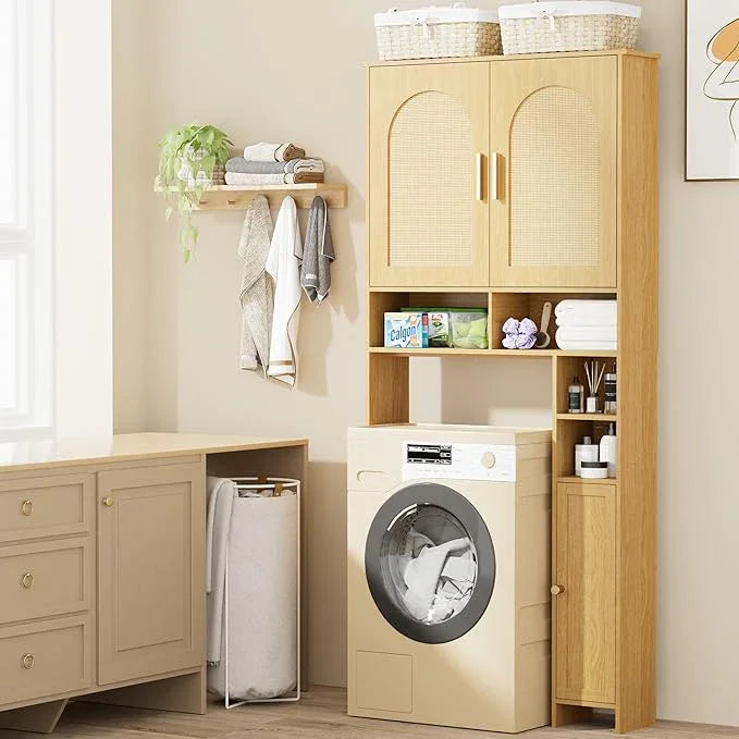 Homhedy 67" H Over The Toilet Storage Cabinet, Boho Bathroom Organizer with Rattan Decorated Doors, Adjustable Shelves, Toilet Paper Holder, Space-Saving Bathroom Shelf for Small Spaces, Natural - ModernBath