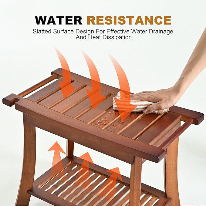 Teak Shower Chair Stool, 24" Shower Bench Seat, Wooden Bathroom Bench with Storage Shelf for Indoor & Outdoor Use,Walnut - ModernBath