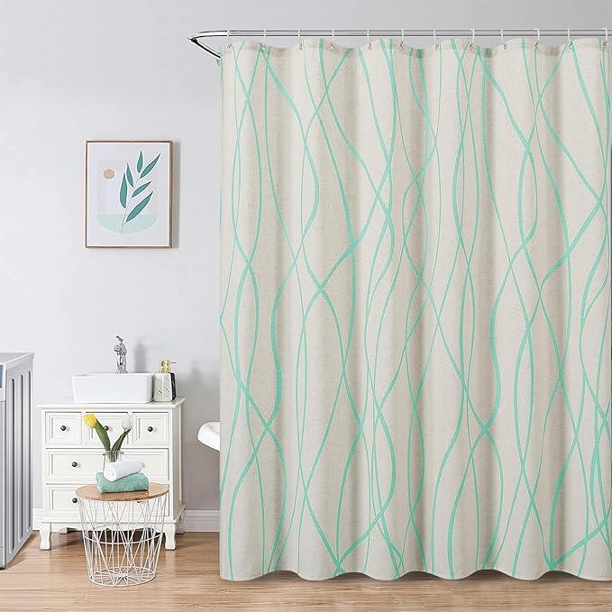 Mint Green Modern Farmhouse Linen Shower Curtain, Country Cottage Bathroom Decor Striped Minimal Boho Textured Linen Shower Curtain Set with Hooks, 72x72 - ModernBath