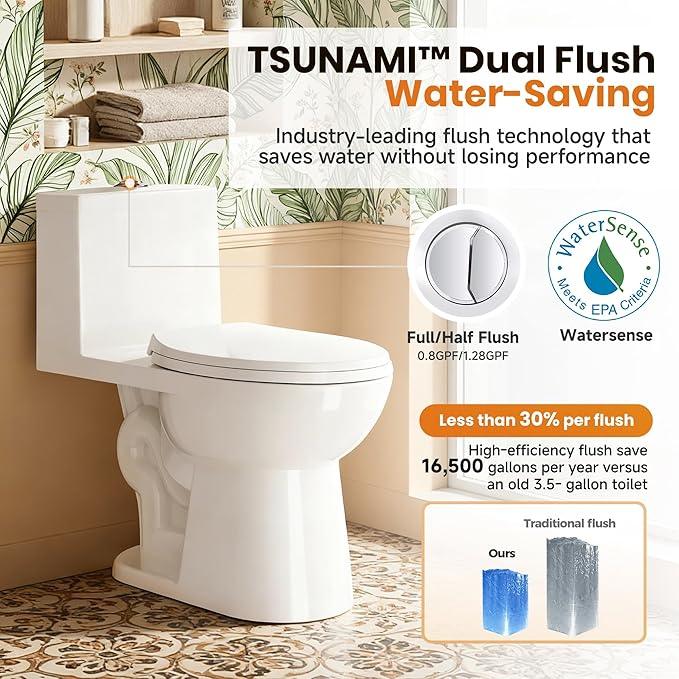 One Piece Toilet for Bathrooms Elongated Soft Close Seat, 17" ADA Chair Height, 360° TSUNAMI Dual Flush 0.8/1.28 GPF, WaterSense Certified, Modern Easy Clean Toilets for Small Space, 12'' Rough-In - ModernBath