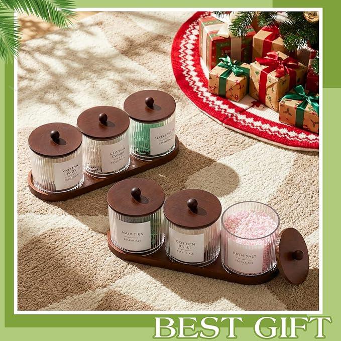 Vesici 6 Pack Bathroom Canisters Ribbed Apothecary Jars with Bamboo Lids 2 Bamboo Trays and 9 Label Stickers Cotton Swabs Holder Bathroom Organizer Storage Set Acrylic 18 oz Dispenser Container(Brown) - ModernBath