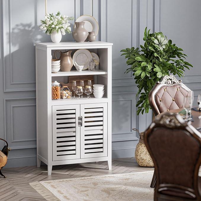 HITNET White Bathroom Cabinet, Bamboo Storage Cabinet Freestanding, Side Tall Storage Organizer for Kitchen Living Room Entryway - ModernBath