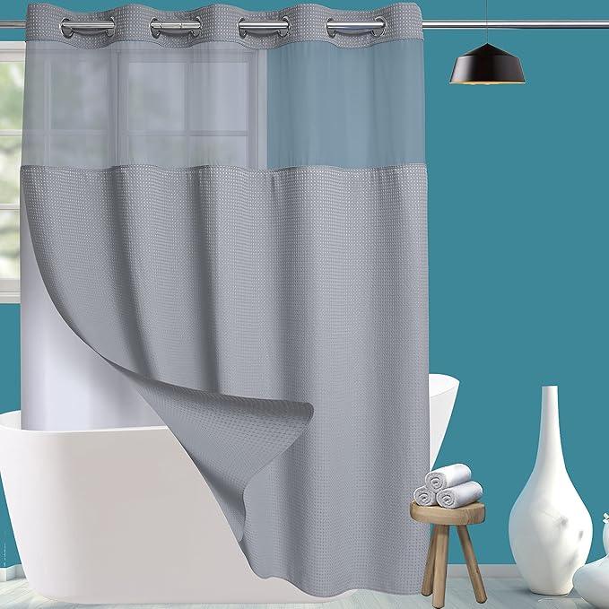 Conbo Mio Extra Long No Hook Waffle Weave Shower Curtain with Snap in Liner Set, Hotel Luxury Grey Shower Curtains for Bathroom with See Through Top Window, Waterproof, Washable 71W x 84H - ModernBath