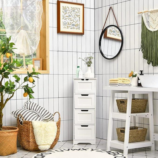 LOKO Floor Storage Cabinet with 4 Drawers, Bathroom Cabinet with Anti-toppling Device, Multifunctional Floor Cabinet for Bathroom, Living Room, Kitchen, 12 x 12 x 32 inches (White) - ModernBath